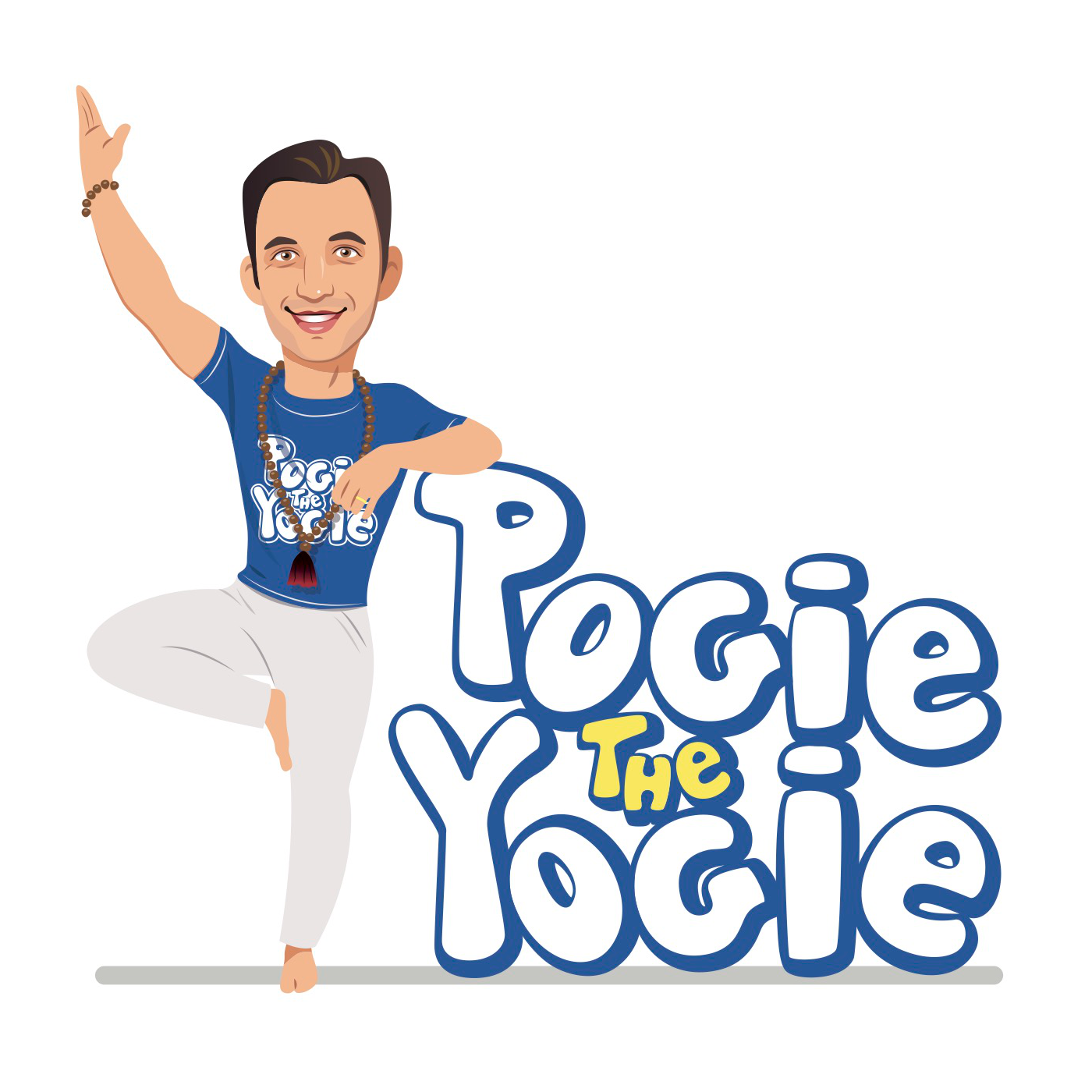 Pogie the Yogie stands on one leg with an arm raised in the air